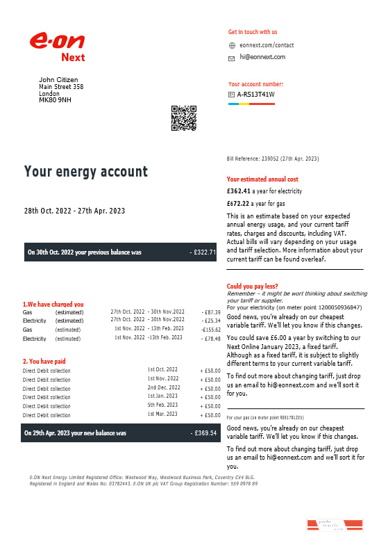 United Kingdom  Eon gas and electricity utility  bill in Word and PDF formats, version 7